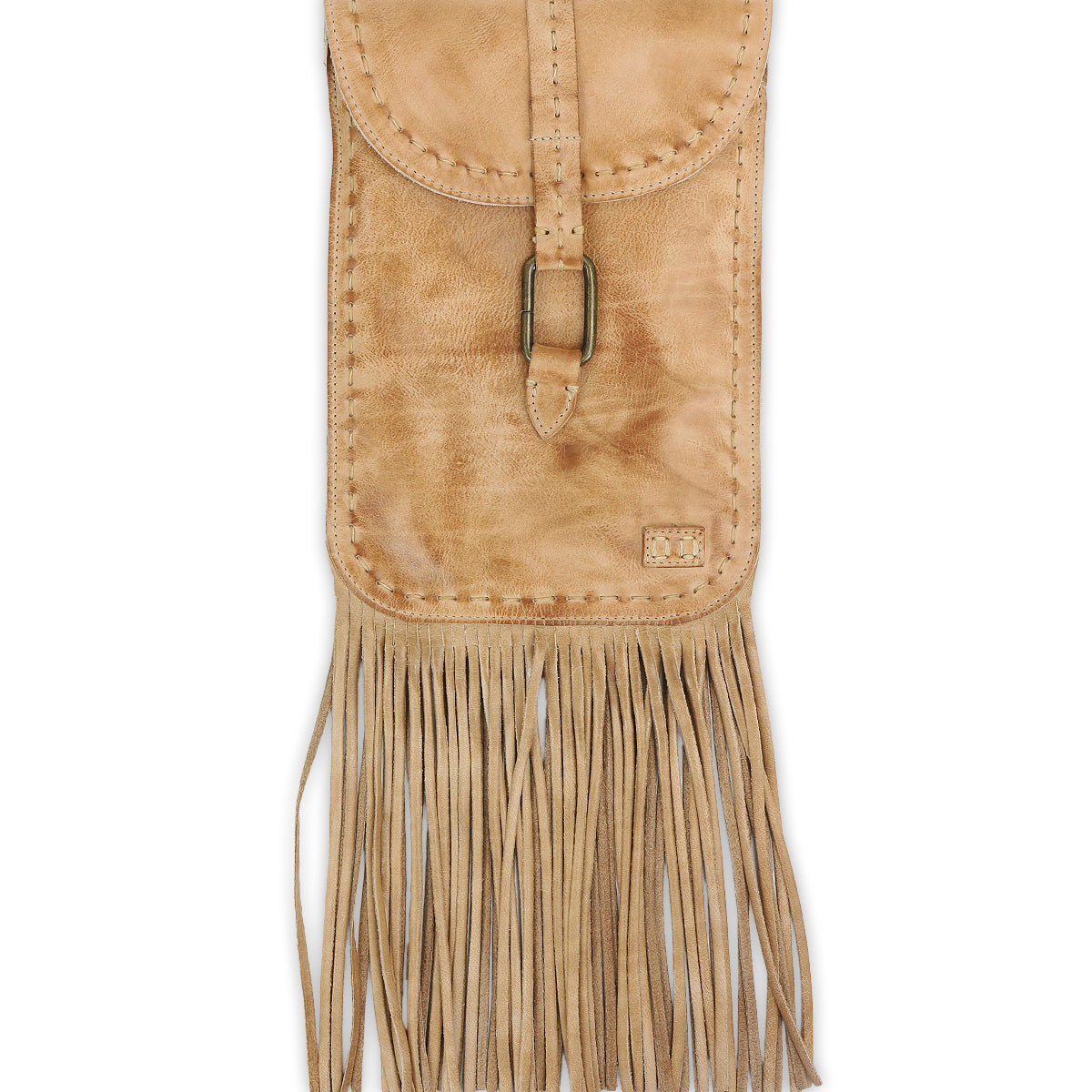 The Bed Stu Sandy Lane II is a tan handmade leather bag with a buckle closure and decorative fringe, crafted from vegetable-tanned leather and shown on a white background.