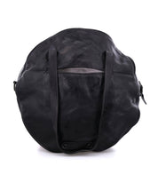 A Bed Stu Saray black leather duffel bag on a white background.