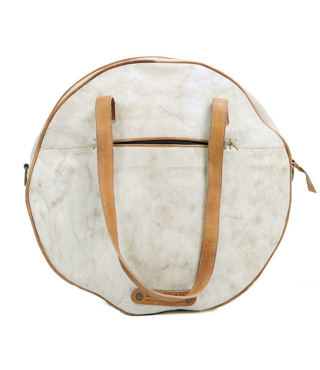 A white leather Saray bag with tan handles by Bed Stu.