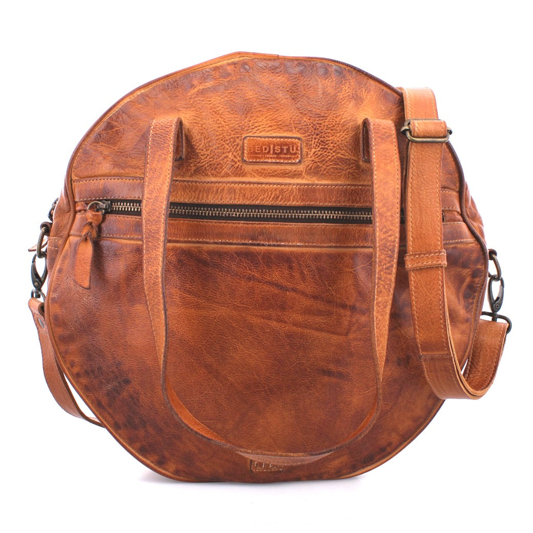 A brown Bed Stu Saray leather bag with a shoulder strap.