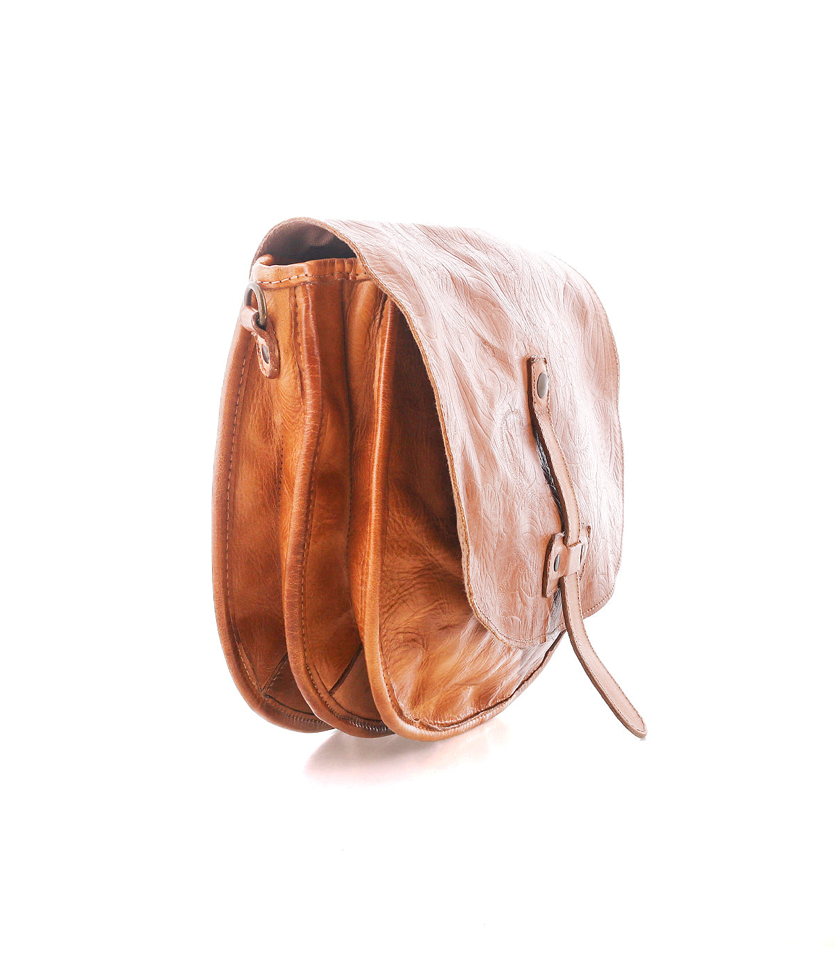 The Bed Stu Sequoia EM is a brown vegetable-tanned leather crossbody saddle bag with a flap closure, adjustable strap, and two main compartments, shown on a white background.
