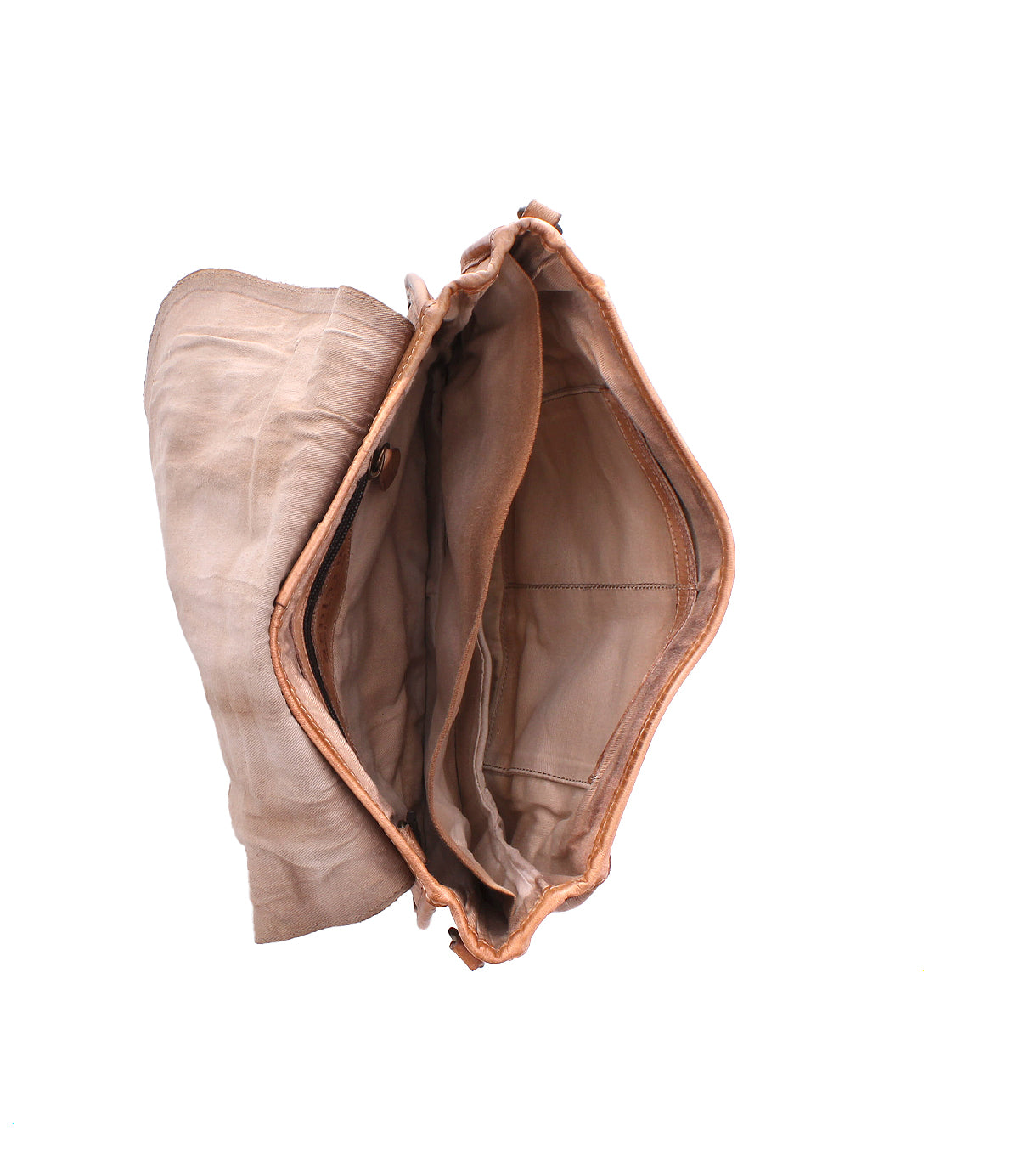 The Bed Stu Sequoia EM messenger bag in tan vegetable-tanned leather is shown from above, revealing its empty interior with multiple compartments, pockets, and an adjustable crossbody strap.
