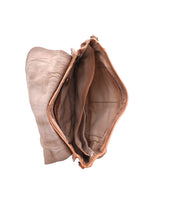 The Bed Stu Sequoia EM messenger bag in tan vegetable-tanned leather is shown from above, revealing its empty interior with multiple compartments, pockets, and an adjustable crossbody strap.