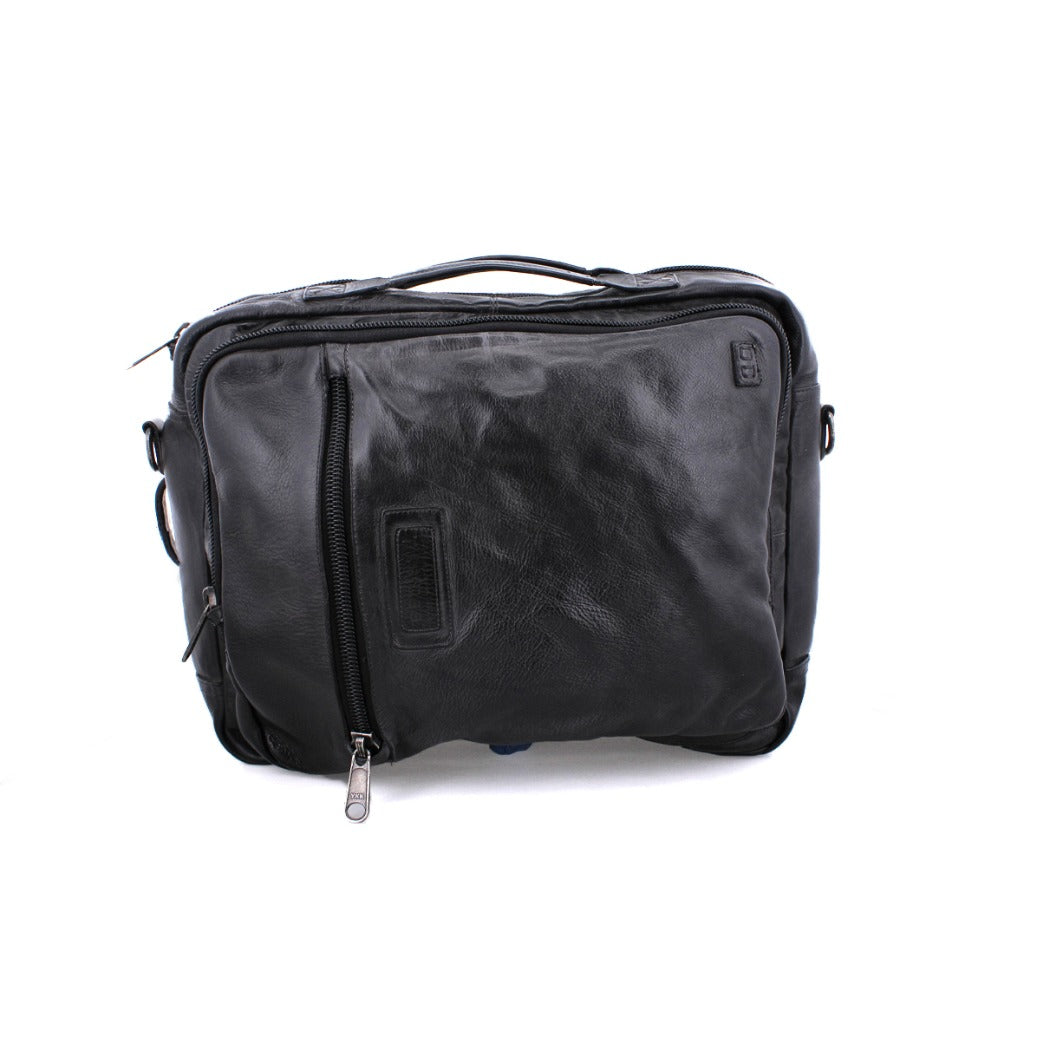 A black leather Socrates messenger bag on a white background by Bed Stu.