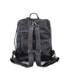 A black leather Socrates backpack with straps and buckles by Bed Stu.
