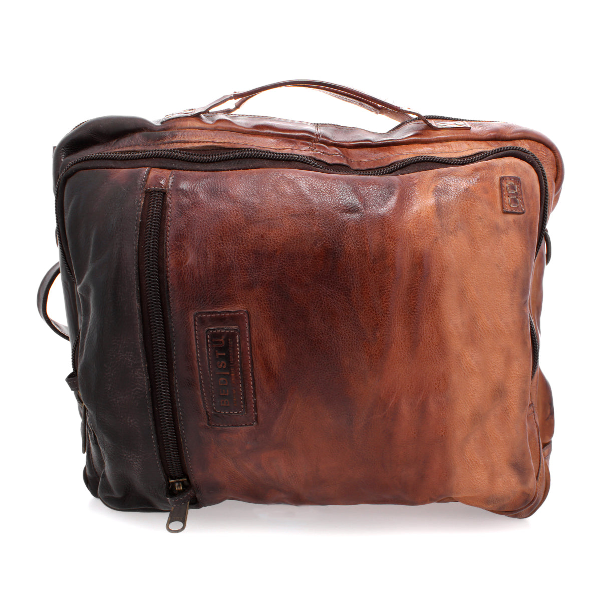 Bed|Stü Socrates rectangular brown leather briefcase with a top handle, vertical zippered pocket, and convertible crossbody strap.