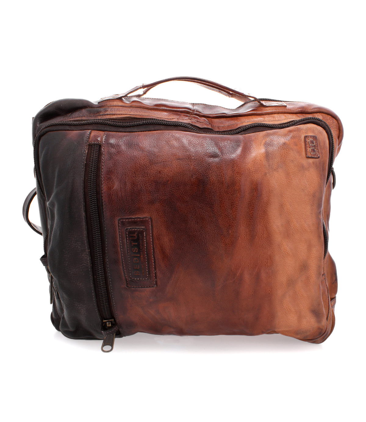 Bed|Stü Socrates rectangular brown leather briefcase with a top handle, vertical zippered pocket, and convertible crossbody strap.