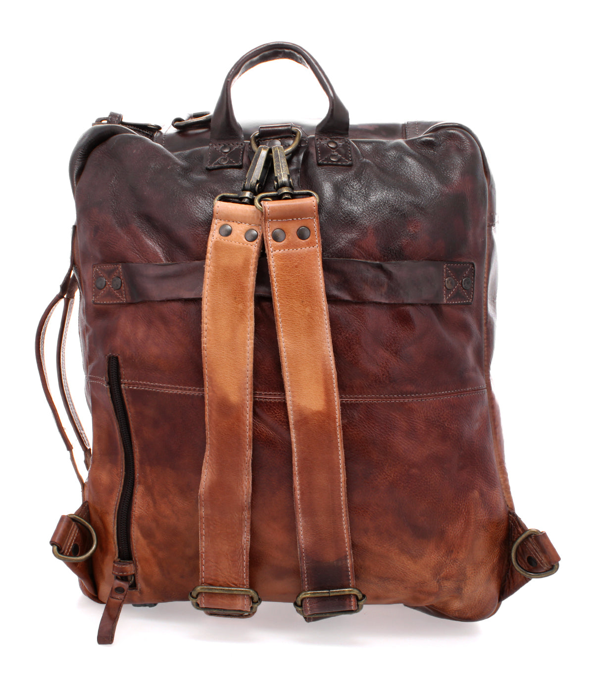 Bed|Stü Socrates brown leather convertible backpack and crossbody bag with two-tone straps and antique-style metal hardware.