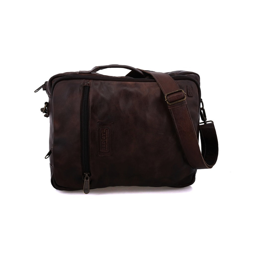 A brown leather Socrates messenger bag on a white background by Bed Stu.