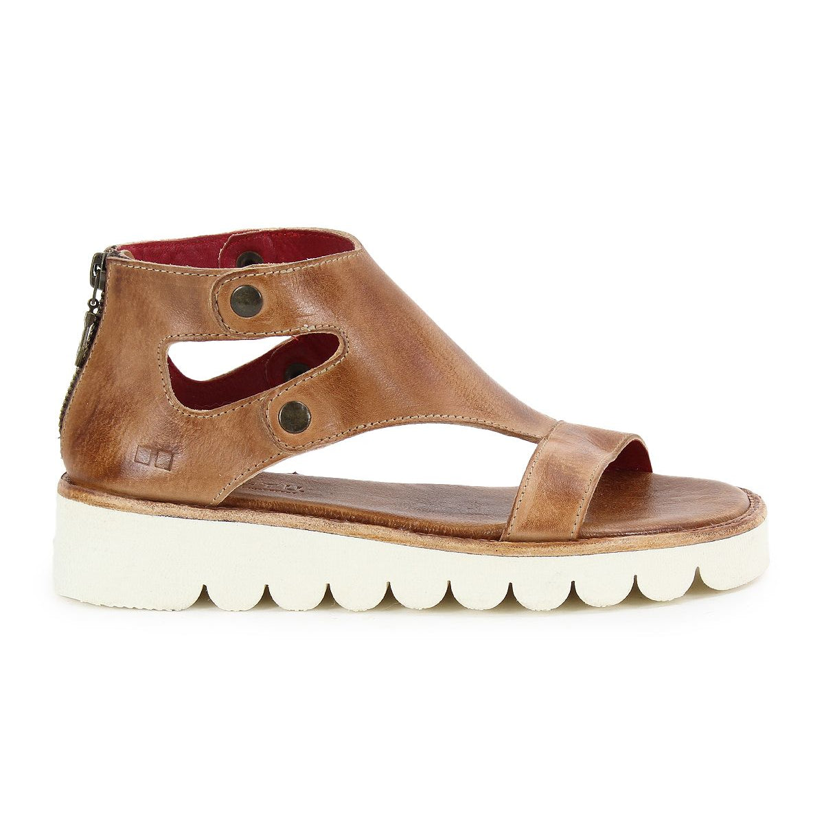 The Soni II by Bed Stu is a brown leather platform sandal with cutouts, two side buttons, and a white XL EXTRALIGHT® outsole. It features a convenient back zipper closure for easy wear.