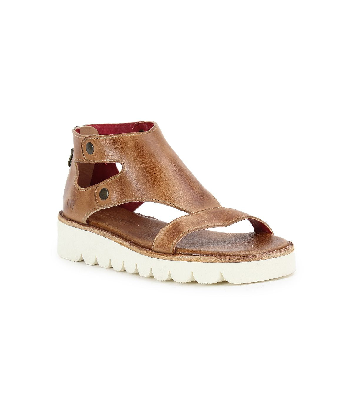 The Soni II by Bed Stu is a brown leather platform sandal featuring an ankle strap, open toes, button closure, and a back zipper. It includes a white ridged XL EXTRALIGHT® outsole for added comfort.