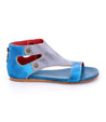 A women's Bed Stu Soto blue leather sandal with red and blue accents.