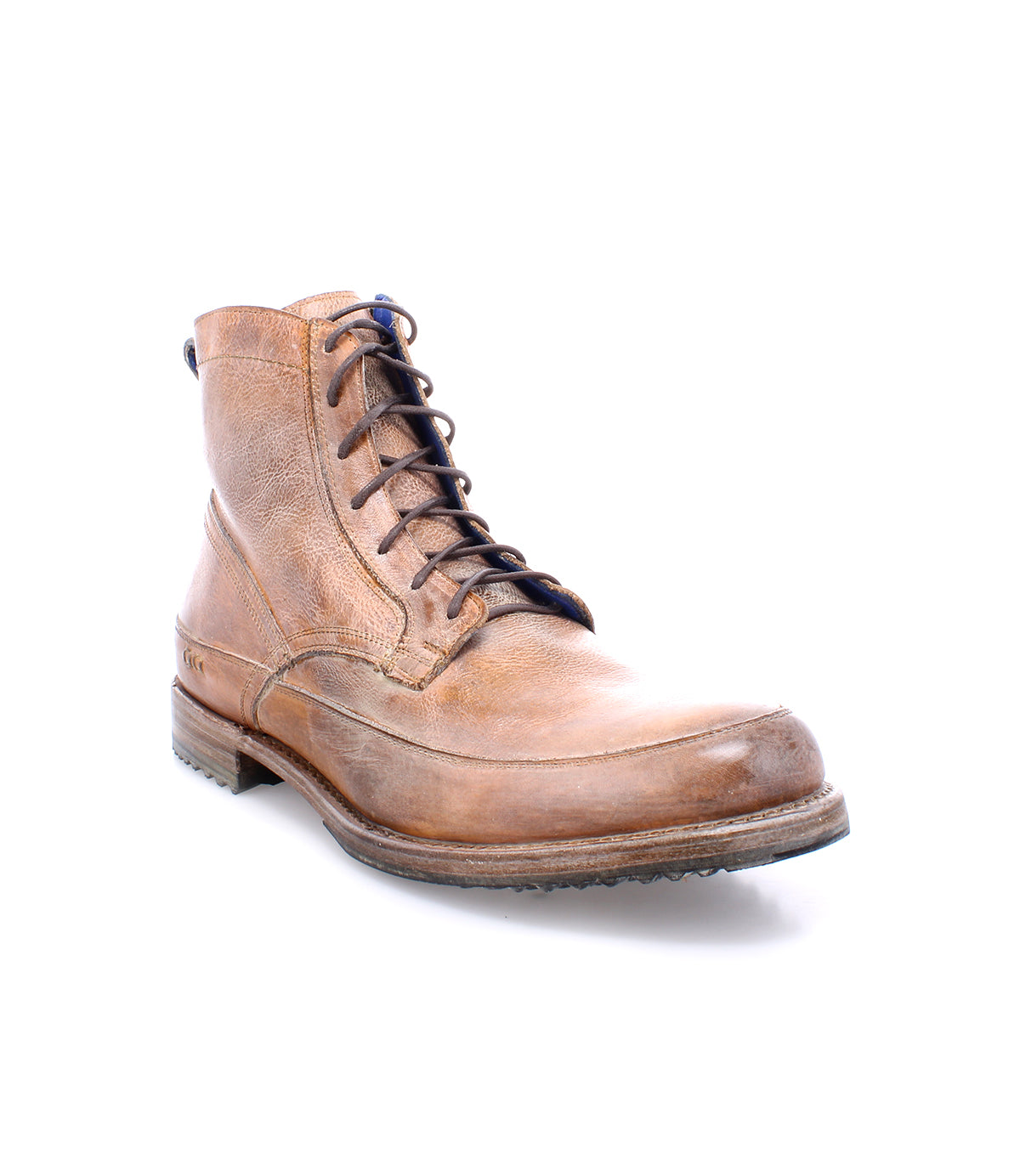 A single worn brown leather lace-up Spiker ankle boot with blue laces on a white background. (Brand Name: Bed Stu)