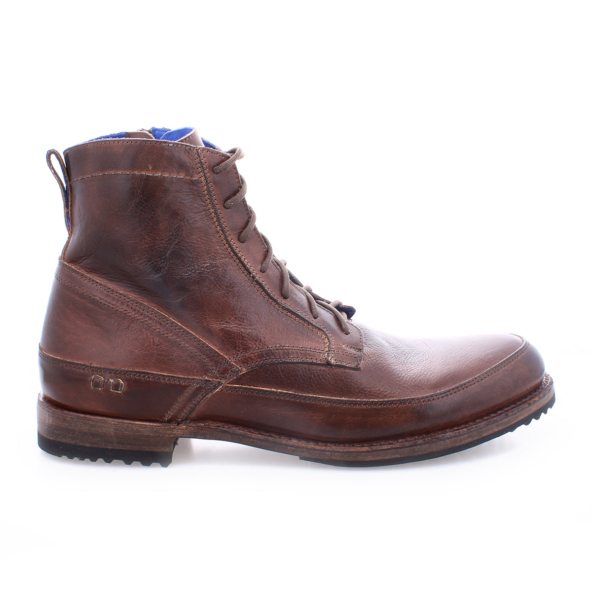 A single brown leather Bed Stu Spiker lace-up ankle boot isolated on a white background.