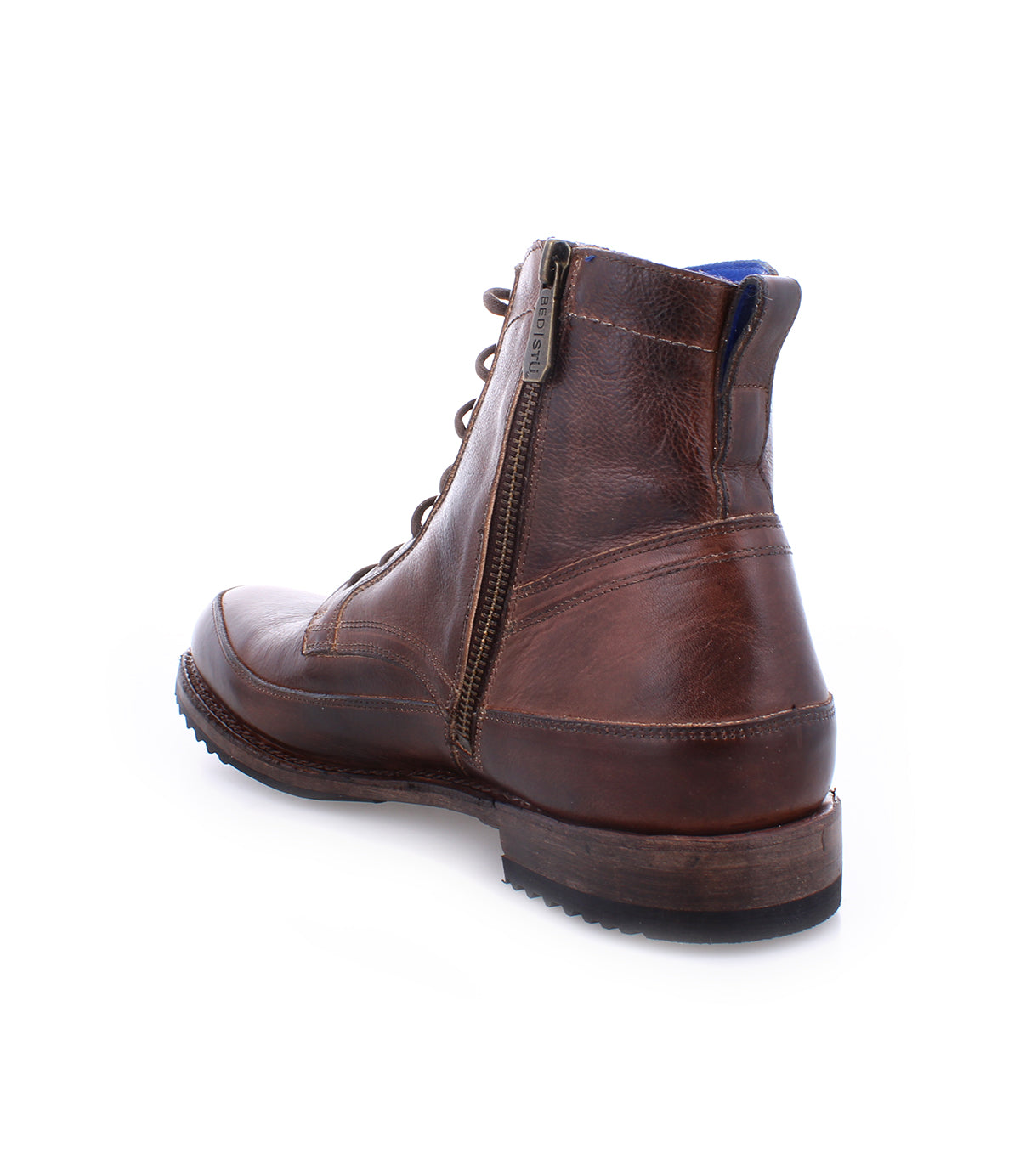 Side view of a Bed Stu Spiker brown leather lace-up ankle boot with a zipper, isolated on a white background.
