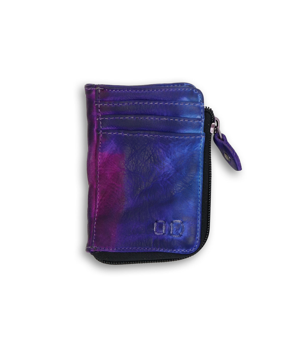 A purple and blue Carrie wallet with a zipper from Bed Stu.