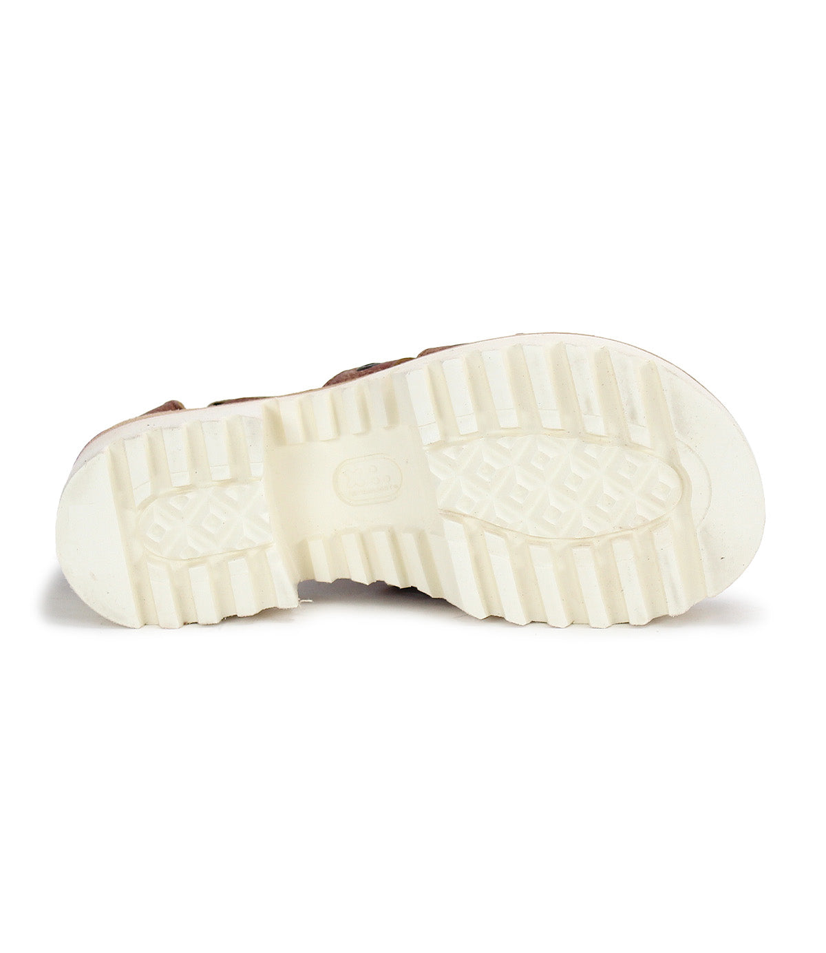 A pair of Pacifica sandals with white soles on a white background by Bed Stu.