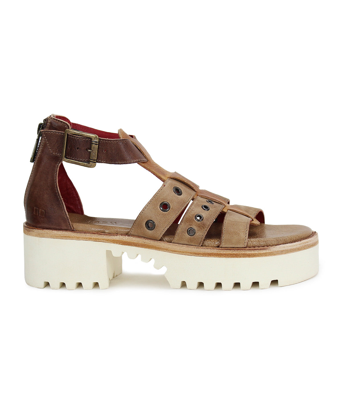 A women's Pacifica sandal by Bed Stu, with two straps and a white sole.