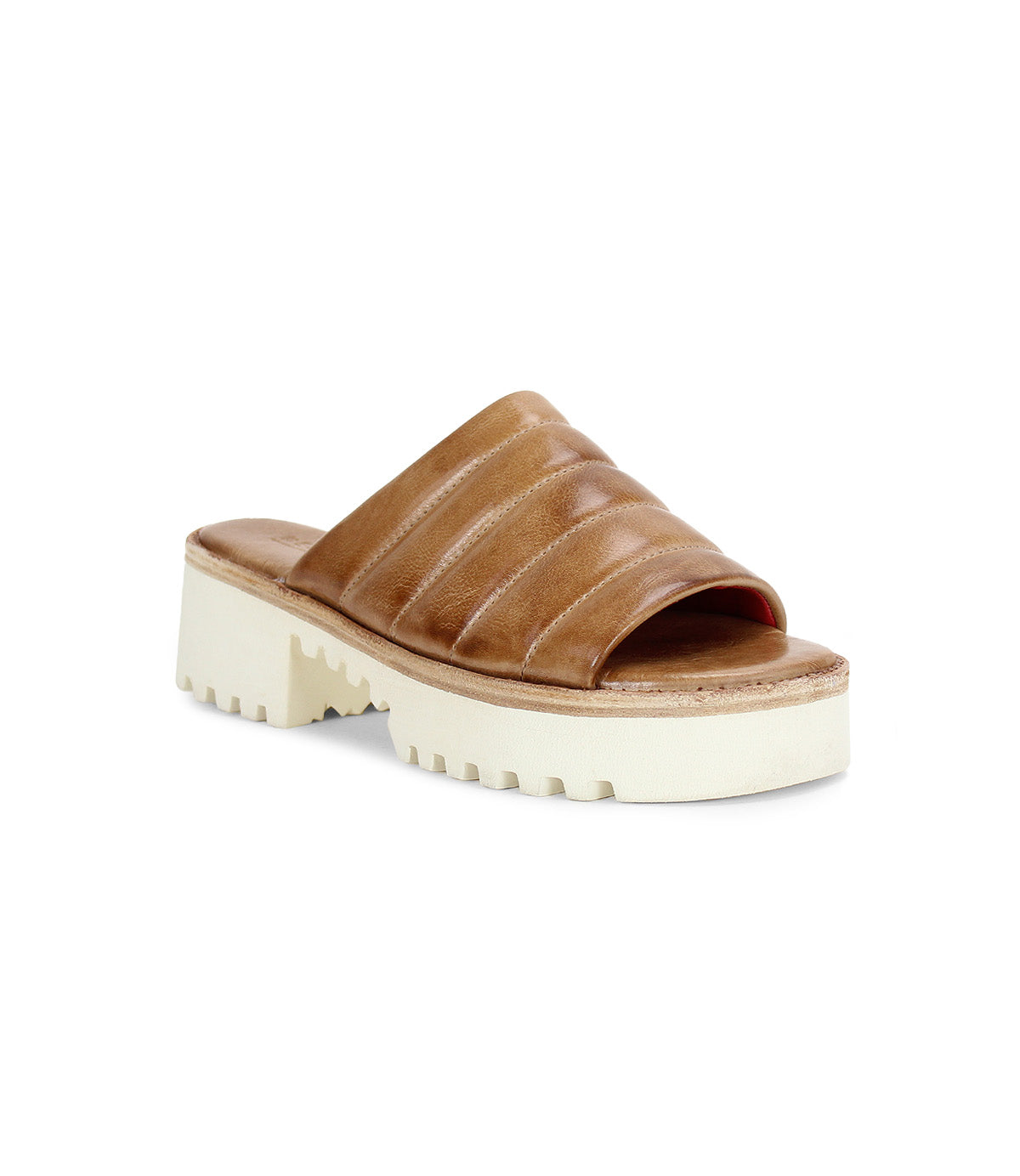 A Jones tan leather sandal with a white sole by Bed Stu.