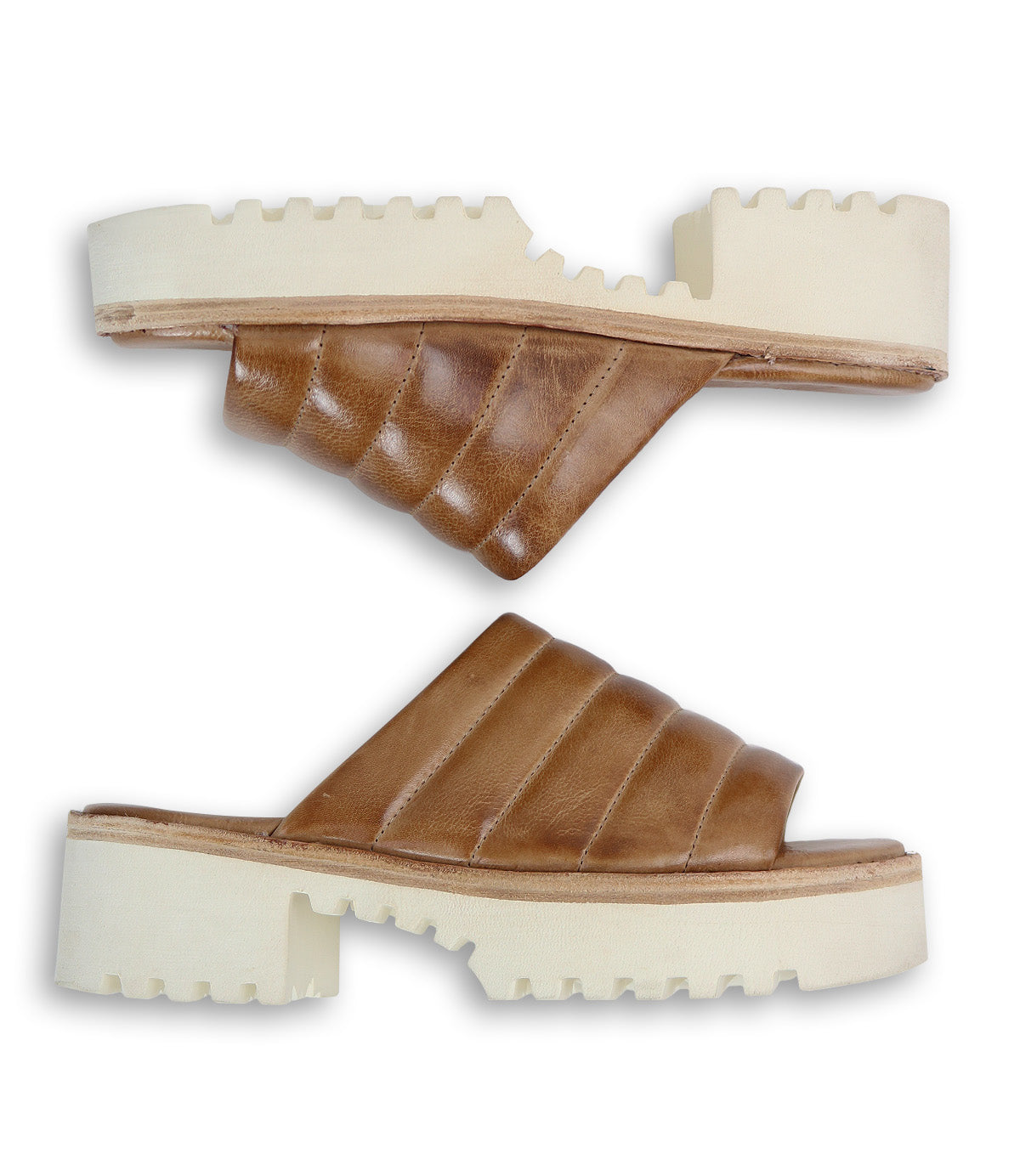 A pair of Jones tan leather sandals with white soles from Bed Stu.