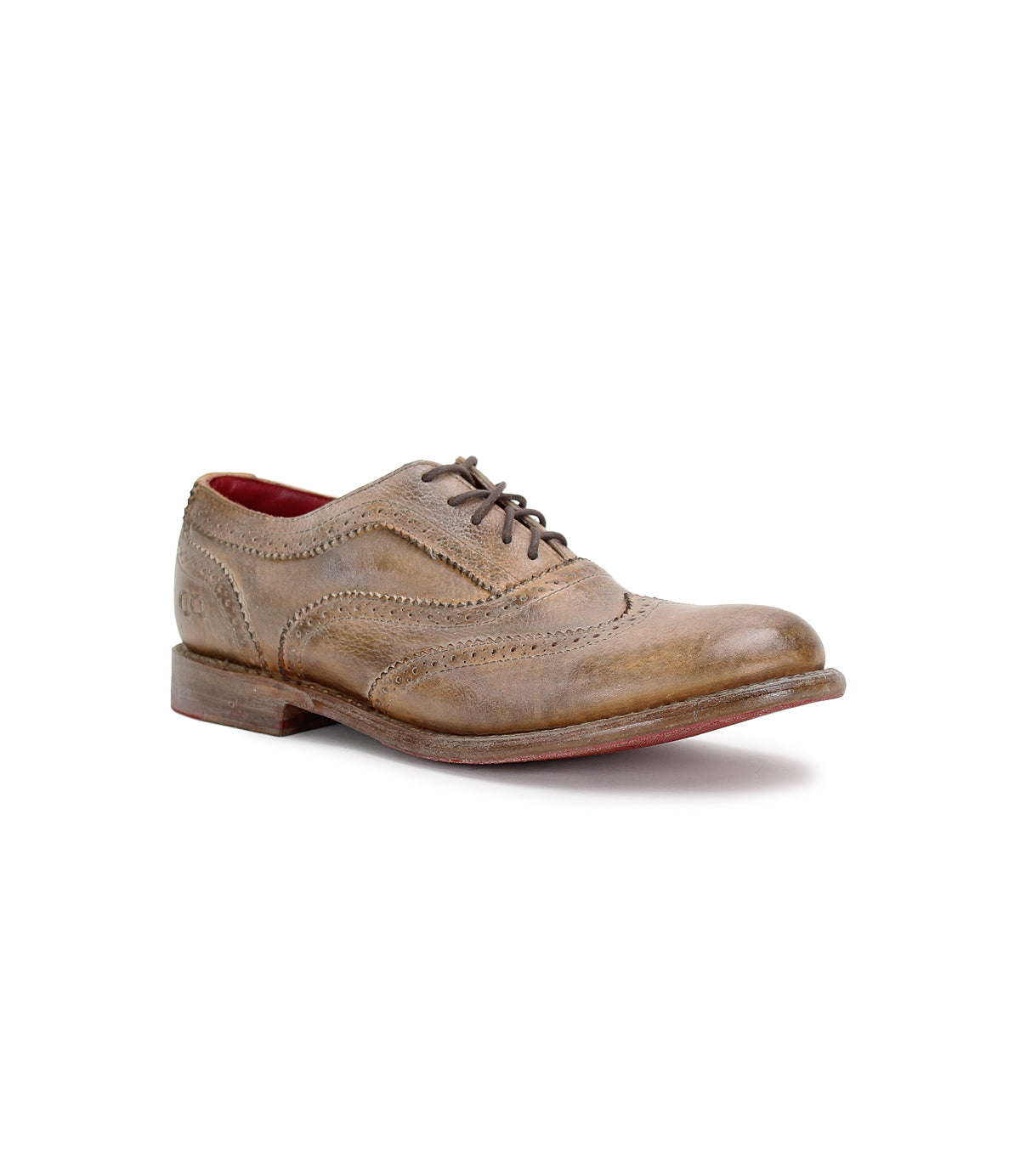 A distressed tan wingtip oxford shoe called Lita by Bed Stu.