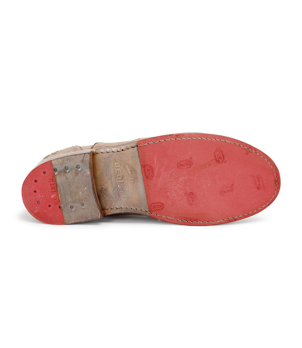 Bed Stu Lita shoes with red soles on a white background.