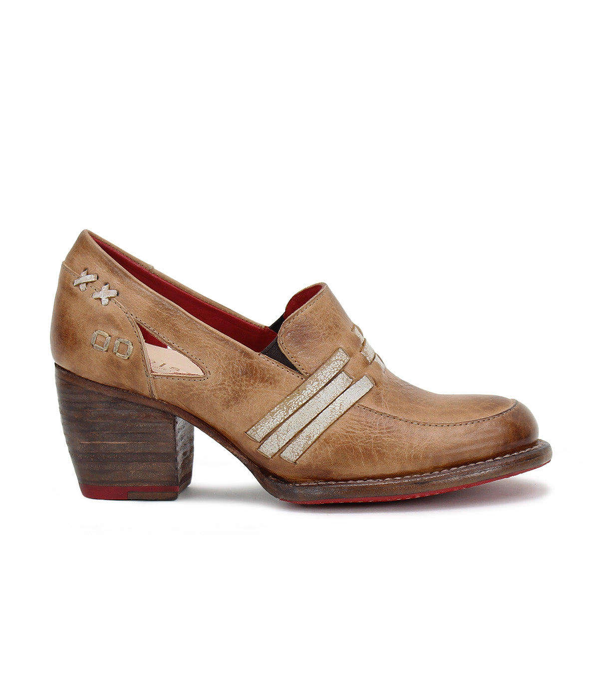 A women's Gabrianna tan leather shoe with a wooden heel by Bed Stu.