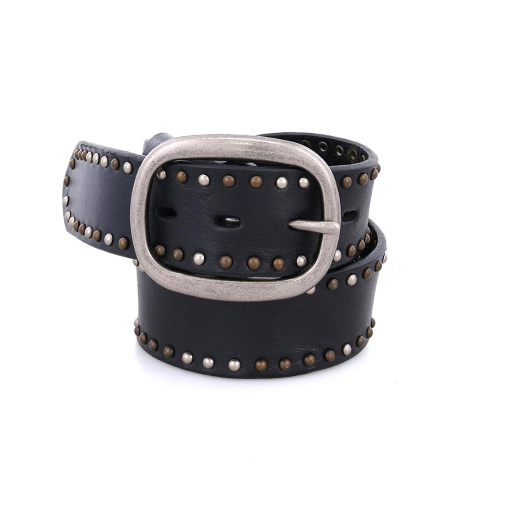 A Bed Stu Staple black leather belt with studding and a silver buckle.
