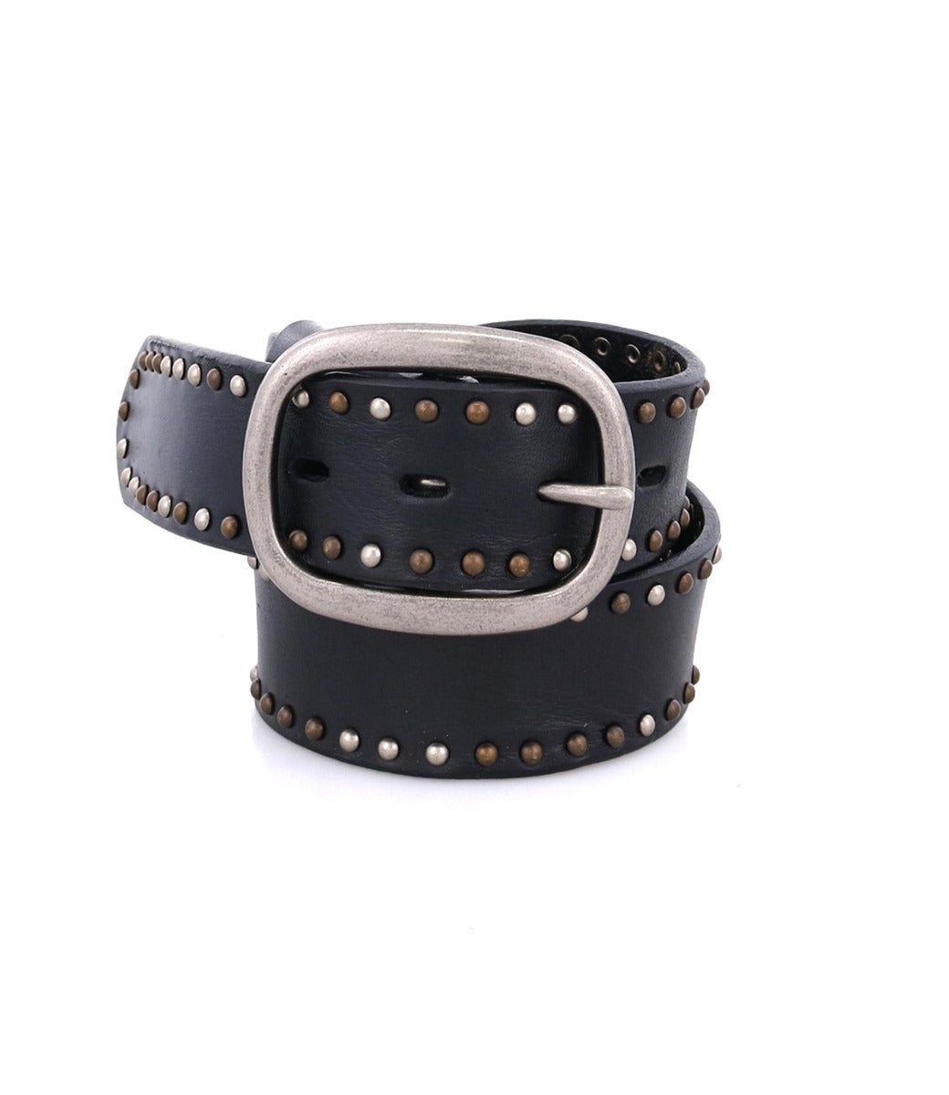 A Bed Stu Staple black leather belt with studding and a silver buckle.