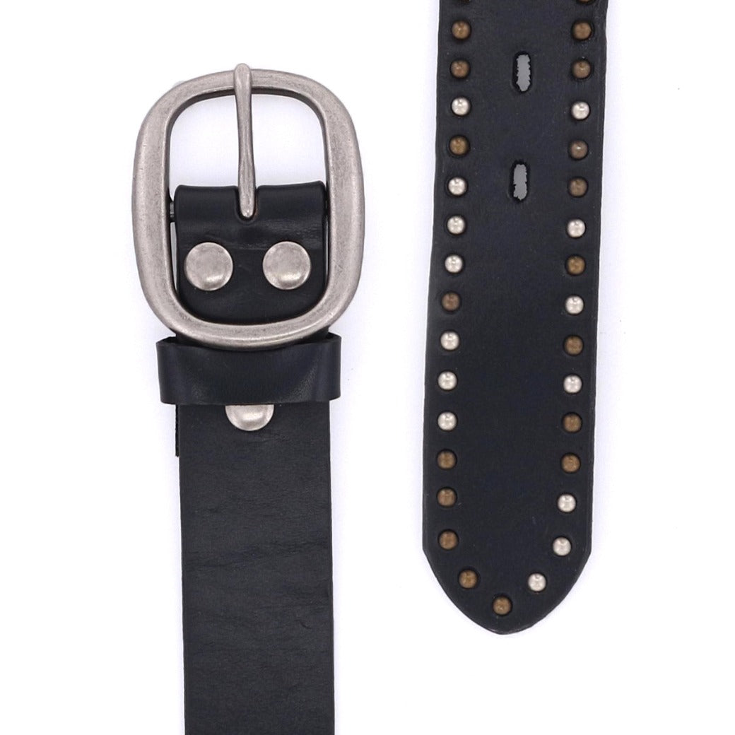 A black leather Bed Stu belt with studding and studs.