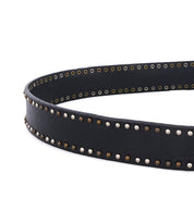 A black leather Staple belt by Bed Stu with studding on it.