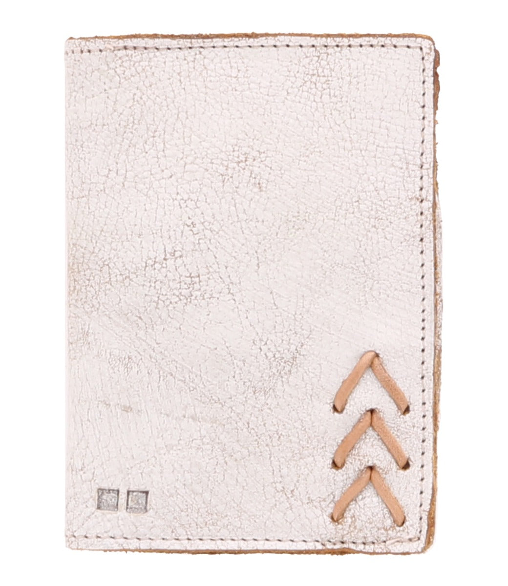 A white leather Stardust wallet with an arrow on it by Bed Stu.
