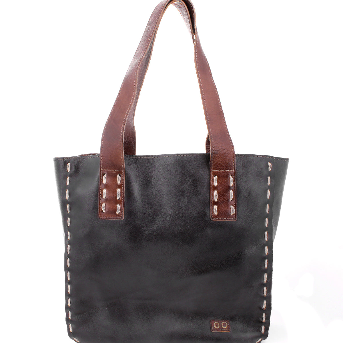 A vintage-chic black leather Stevie tote bag with brown handles by Bed Stu.