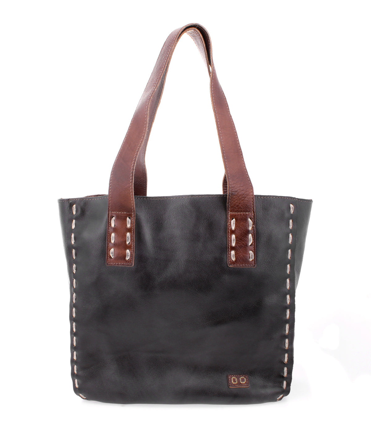 A vintage-chic black leather Stevie tote bag with brown handles by Bed Stu.