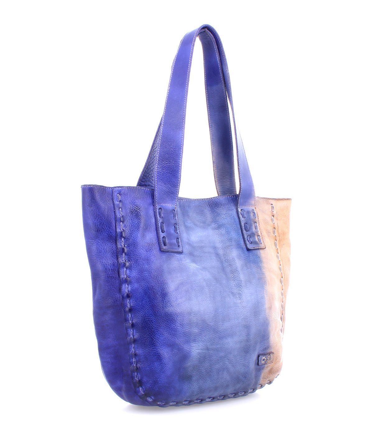 A vintage-chic blue leather Stevie tote bag crafted with old-world sophistication by Bed Stu.