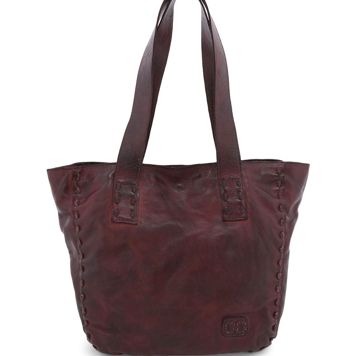 The vintage-chic sophistication of Bed Stu's Stevie burgundy leather tote bag.