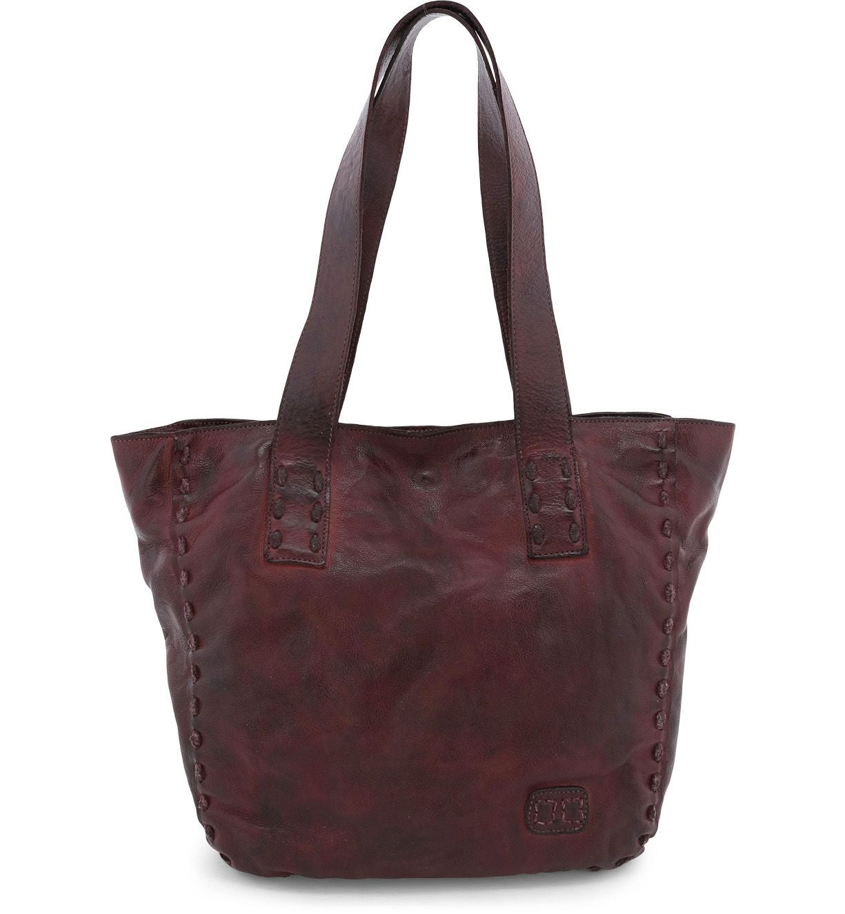 The vintage-chic sophistication of Bed Stu's Stevie burgundy leather tote bag.
