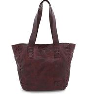 The vintage-chic sophistication of Bed Stu's Stevie burgundy leather tote bag.