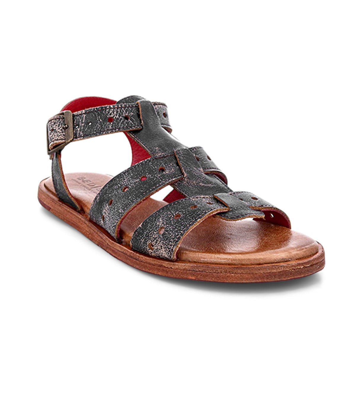 Men's black leather sandals with red straps, named Sue by Bed Stu.
