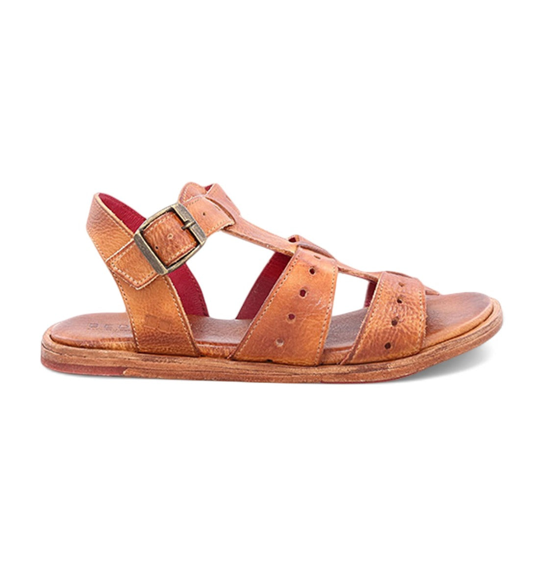 A women's tan sandal with straps and buckles called Sue by Bed Stu.