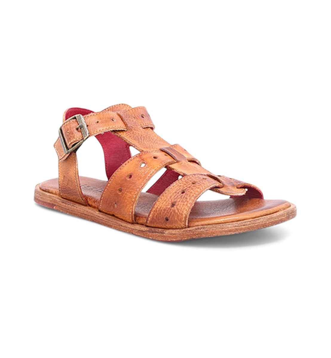 A pair of tan Sue sandals with straps and buckles. (Brand: Bed Stu)