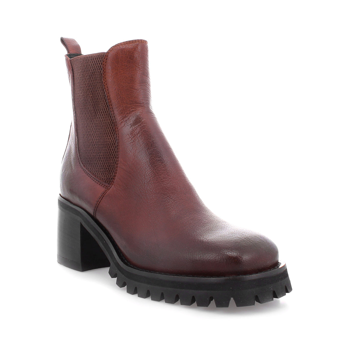 A women's Surge ankle boot in burgundy Italian leather by Bed Stu.