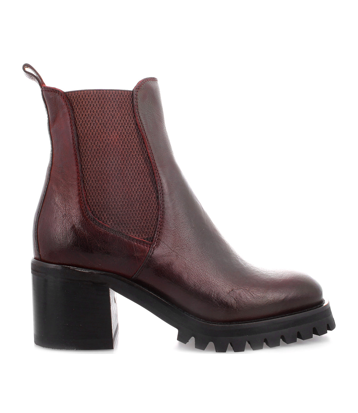 A women's Burgundy Surge ankle boot with a higher heel by Bed Stu.