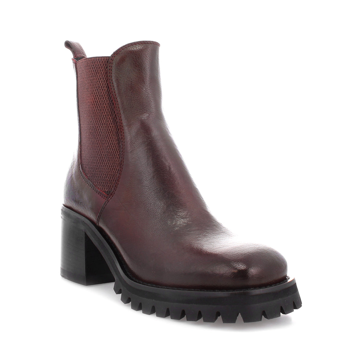 A women's burgundy leather Surge Chelsea boot with a higher heel by Bed Stu.
