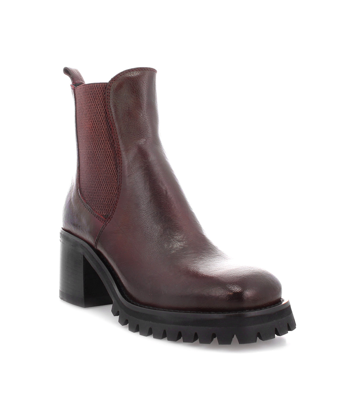 A women's burgundy leather Surge Chelsea boot with a higher heel by Bed Stu.