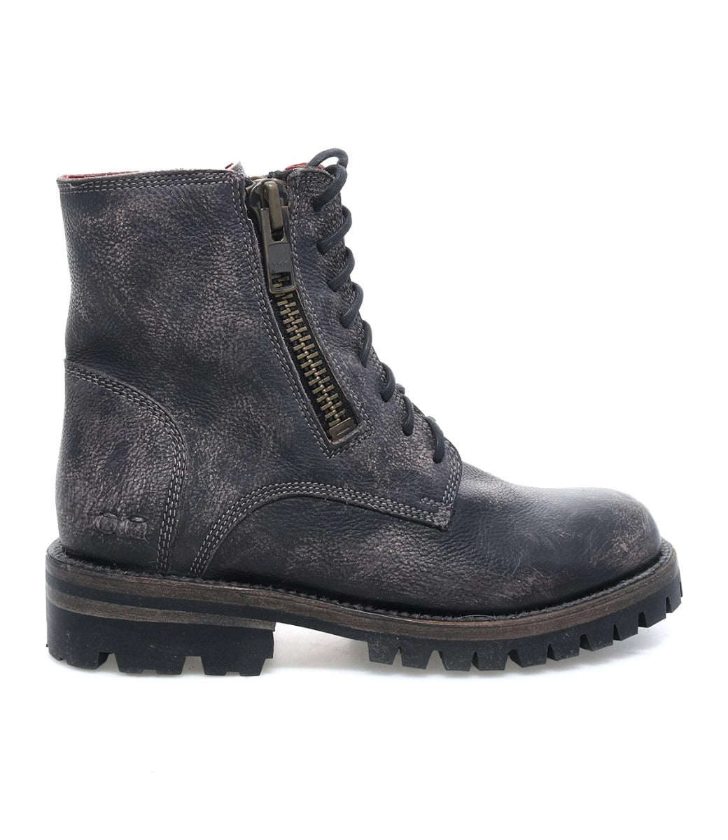 A Bed Stu Tactic Trek grey leather boot with a zipper on the side.