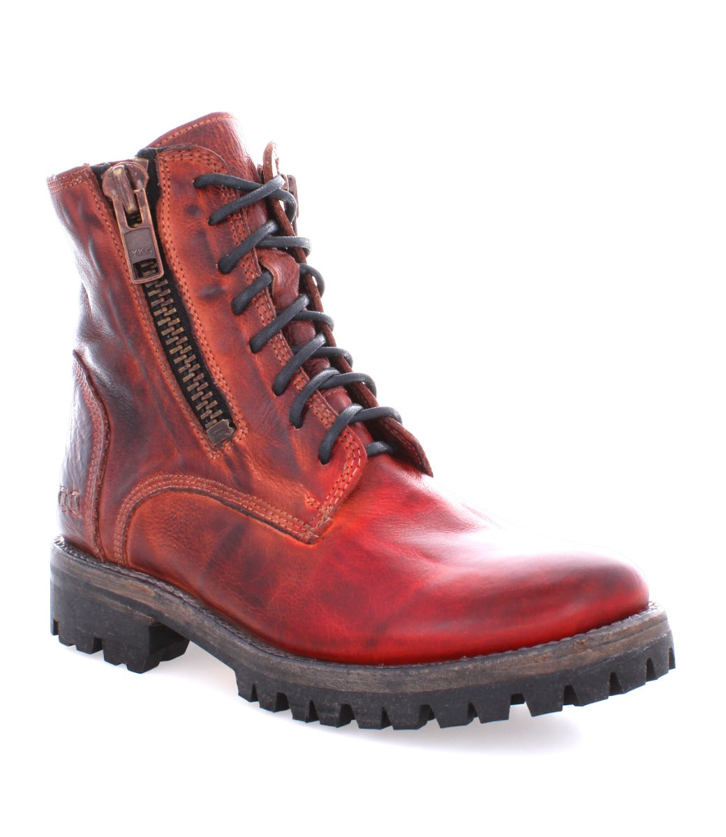 A men's red leather Tactic Trek boot with a zipper on the side by Bed Stu.