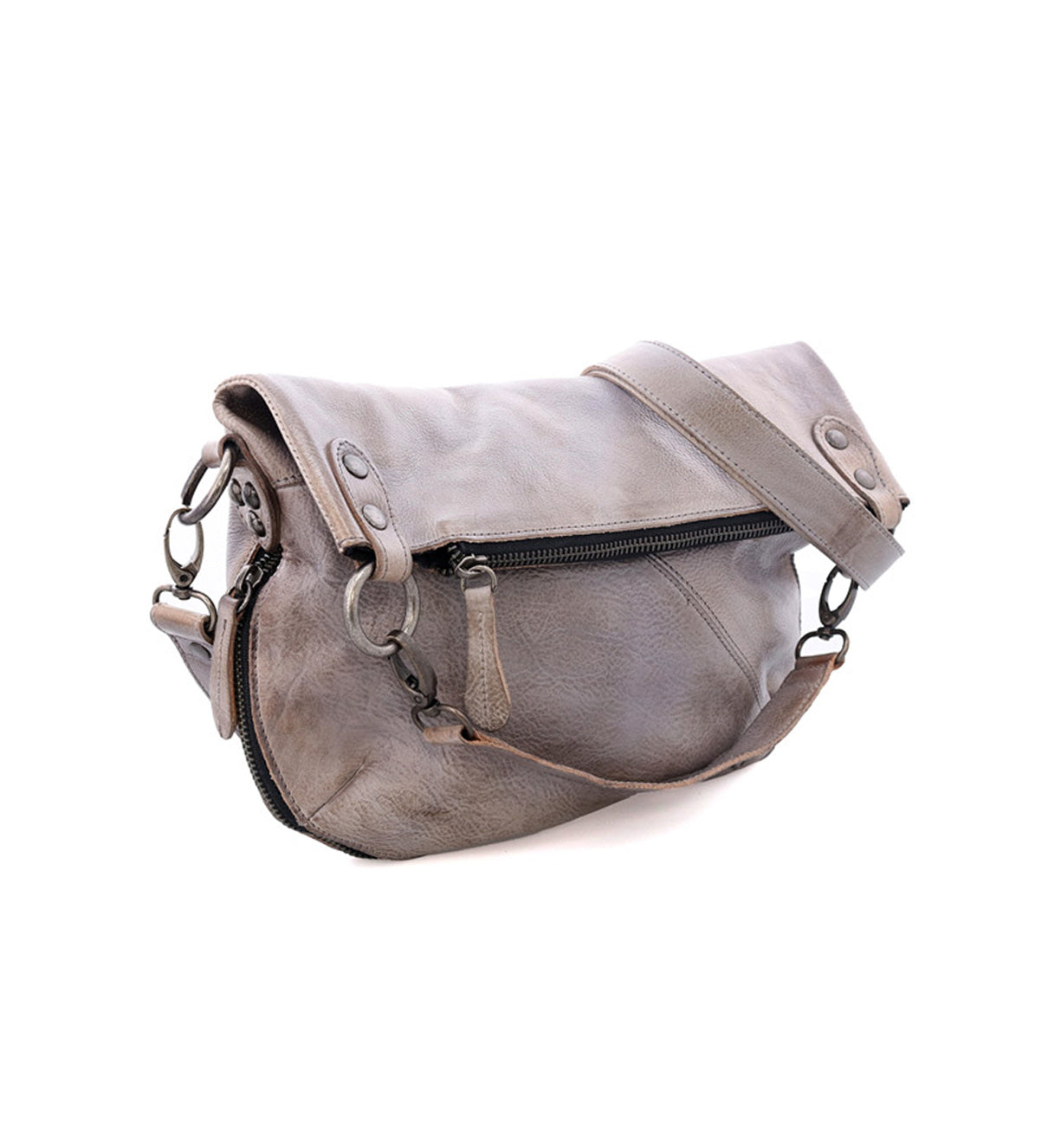 A grey leather Tahiti crossbody bag with a Bed Stu strap.