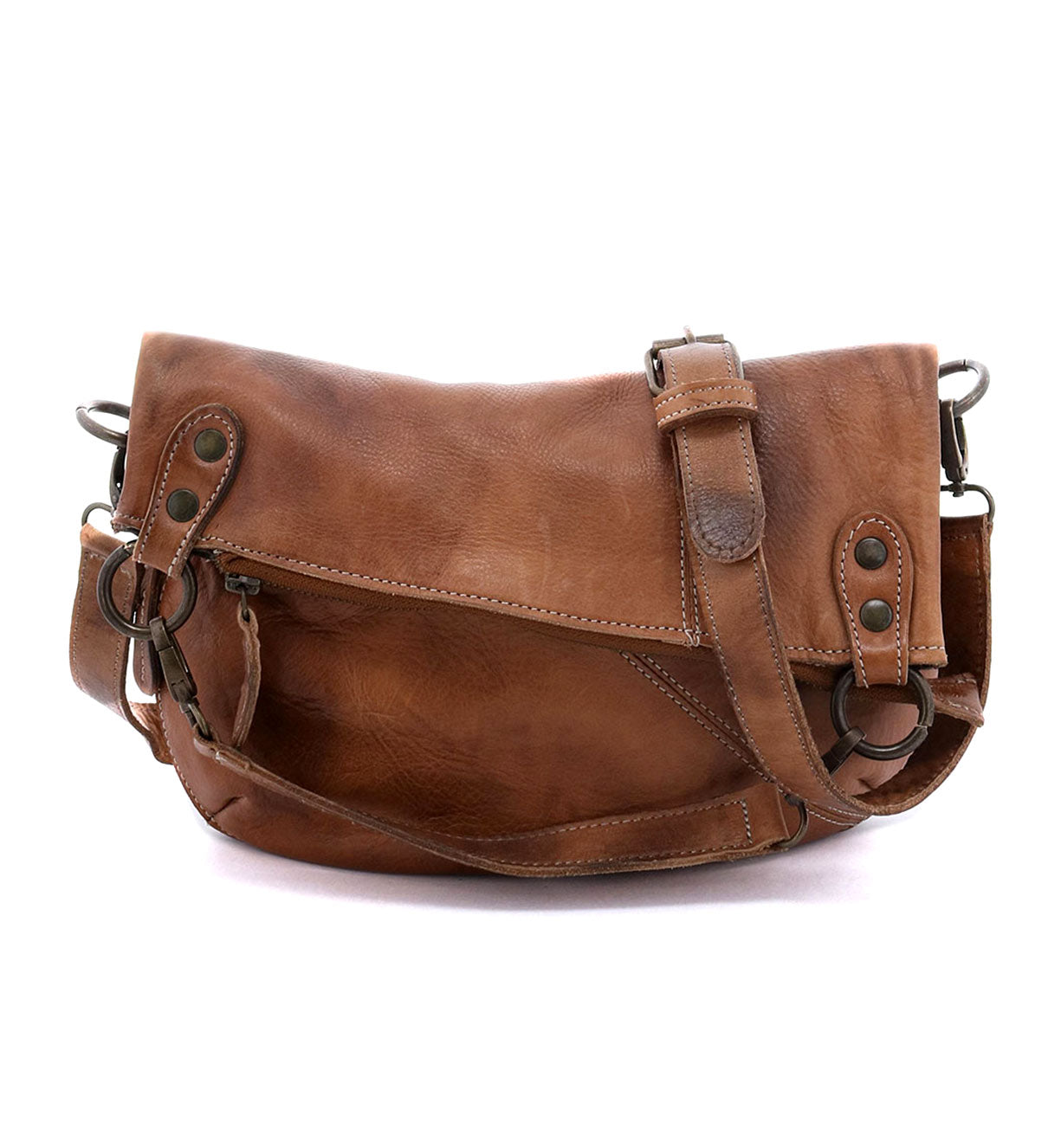 A brown leather crossbody bag with two straps, the Tahiti Bag by Bed Stu.