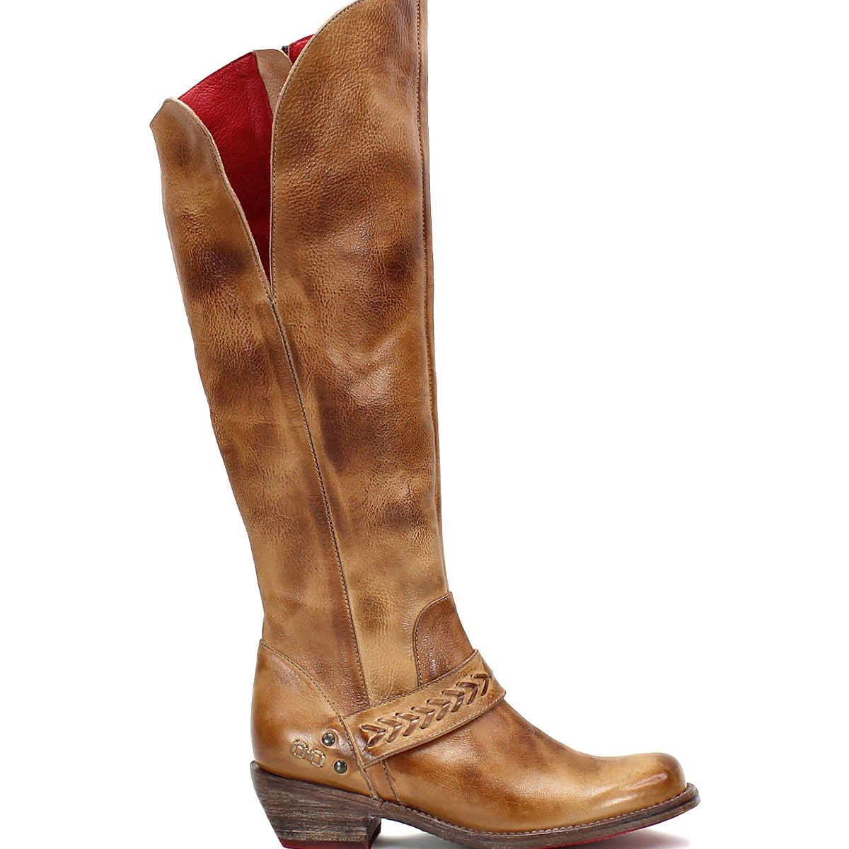 A women's Bed Stu Tan Cowboy Boot with a red sole.